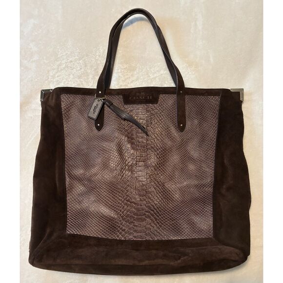 NWOT Coach Jose Suede and Snake Embossed Leather Tote, Chocolate Brown - Picture 1 of 10